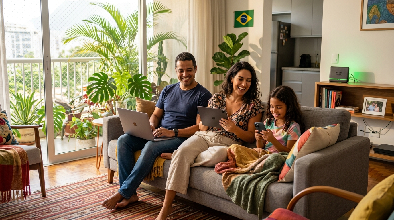 Família conectada com internet 100% fibra da Dominet em Rio Verde